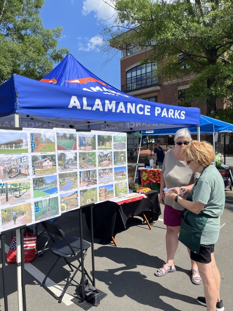 Two women viewing park facility options at public engagement booth